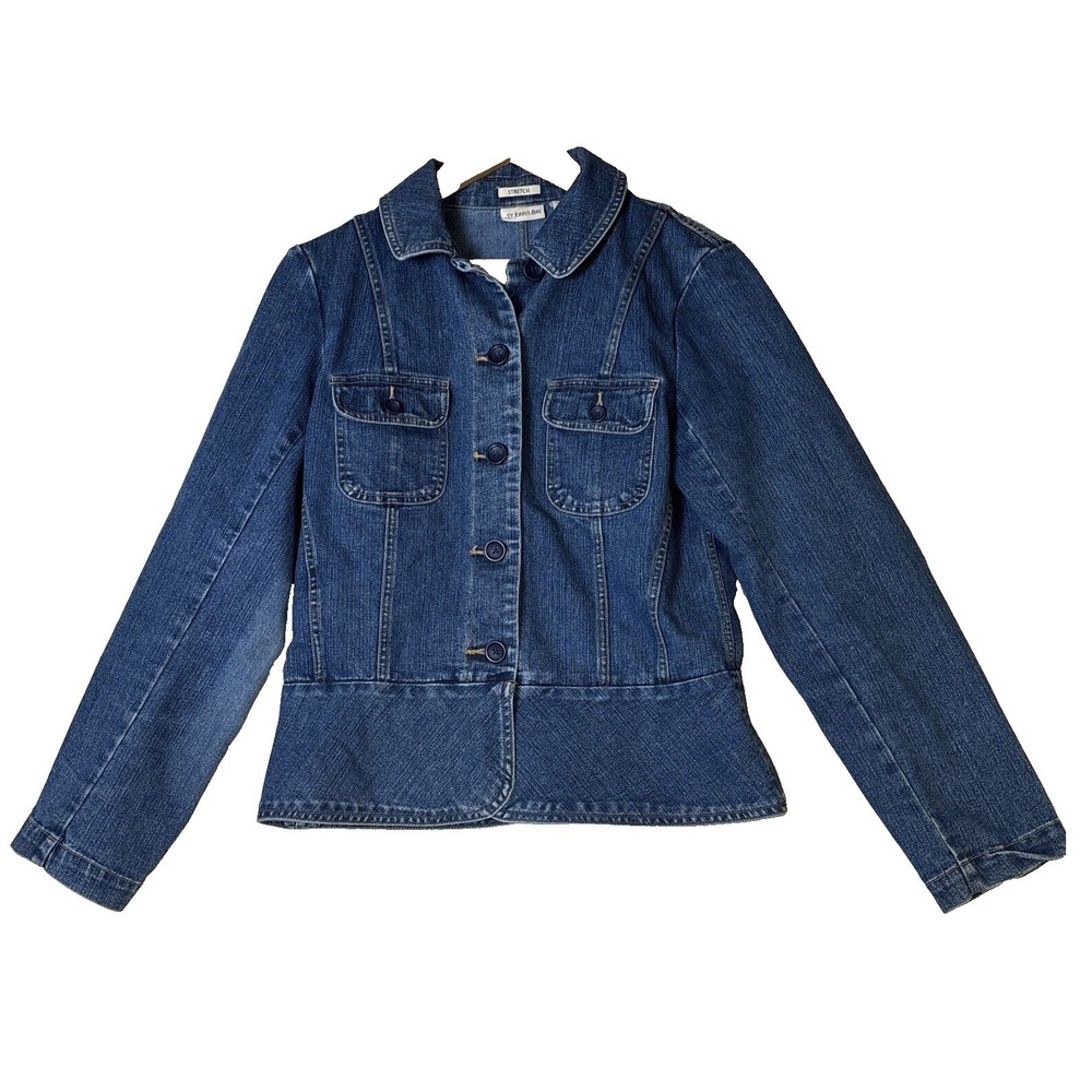 St Johns Bay Womens Blue Stretch Denim Jacket Size Small Button Front Peplum Hem